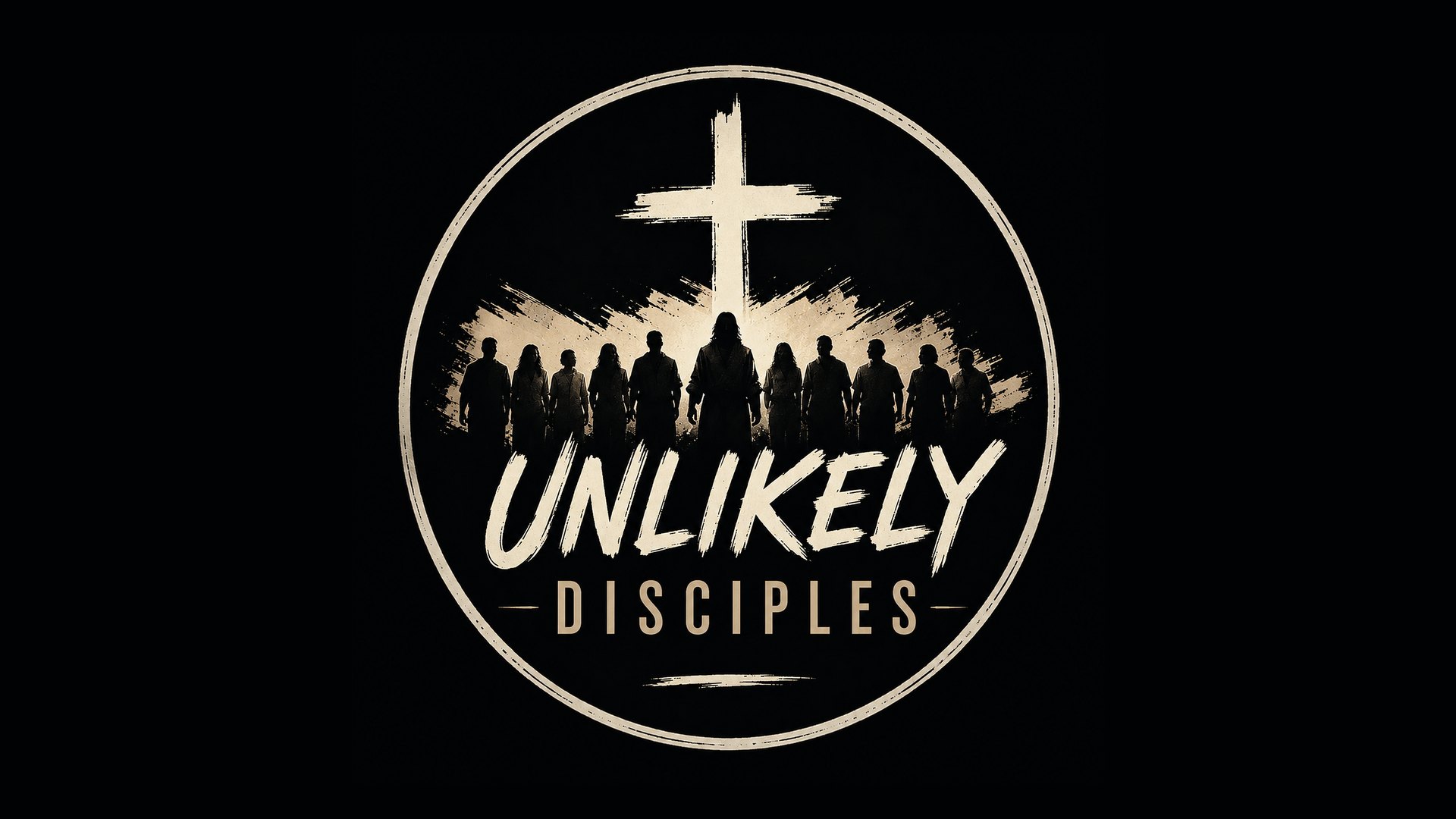 Unlikely Disciples — brushstroke wordmark over a dark mountain valley
